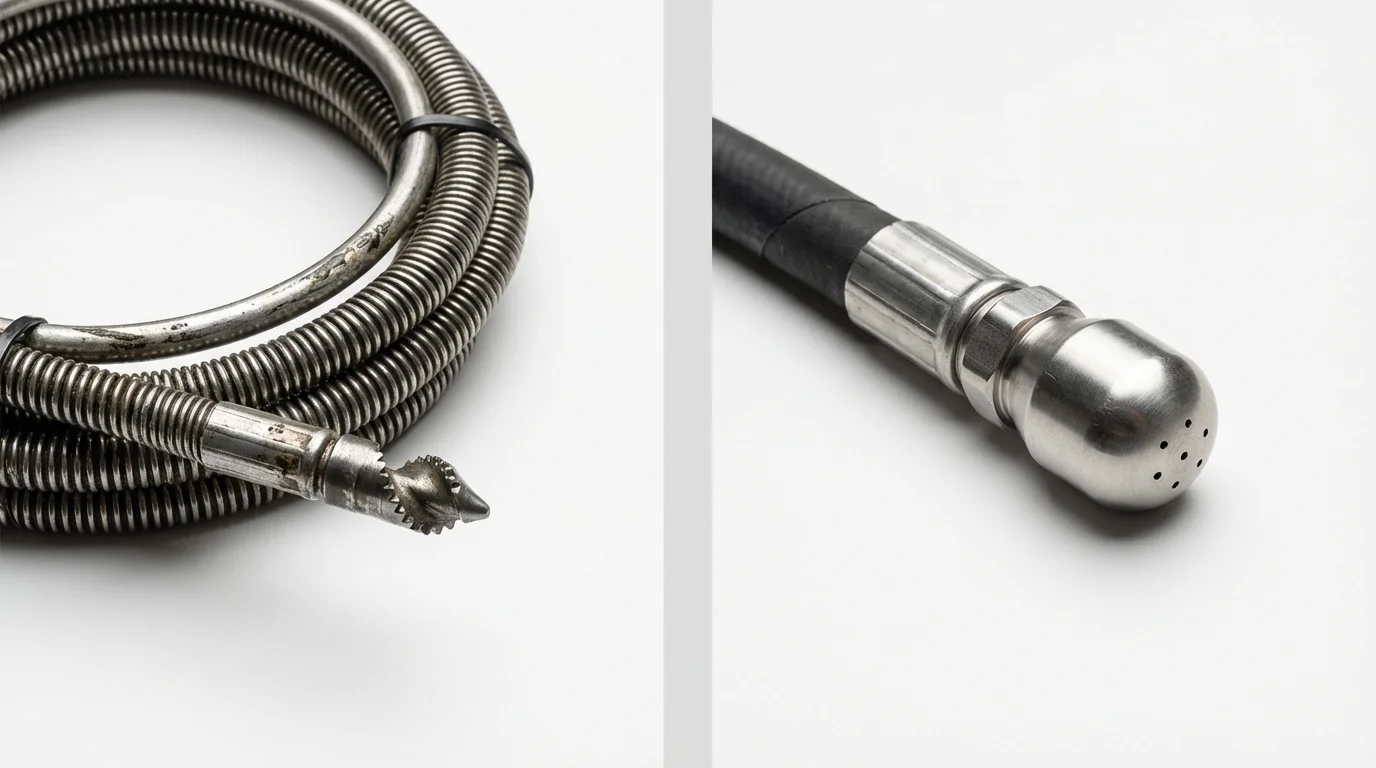 Drain snake cable and hydro jetting nozzle used for drain cleaning in Dover, DE