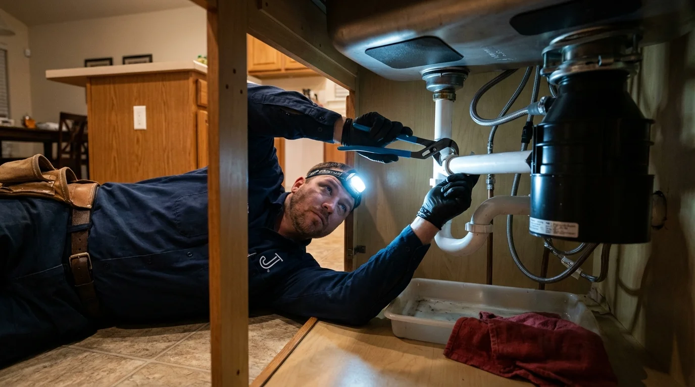 P-trap and supply line connections under a kitchen sink showing a common leak point in Dover, DE